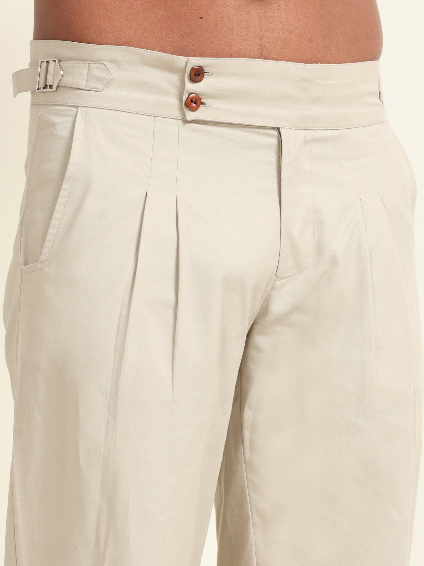 Front view of Double Pleat Straight Fit Pants in Beige, showcasing a structured and polished look with a clean fit