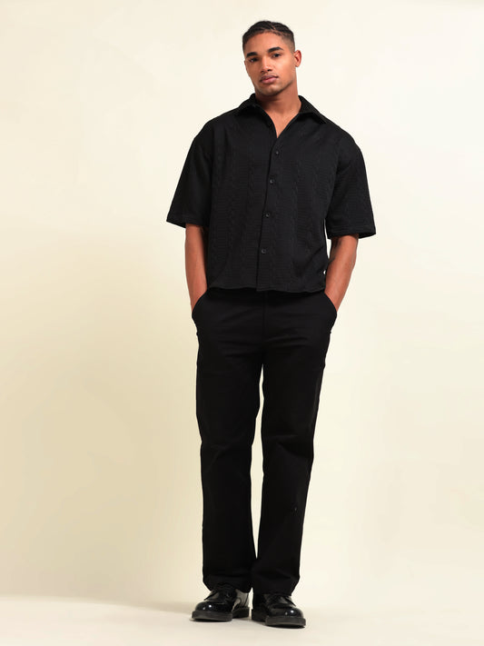 Men’s Black Arabic Stripes Shirt – Casual Fit with Textured Design - D&K LUXUR