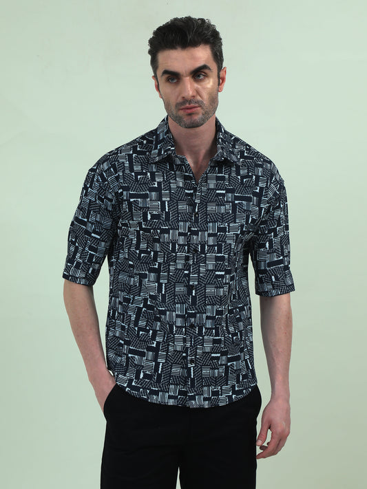 Blue Stack 3/4 Sleeve Shirt – Modern Print, Casual Fit & Tailored Details - D&K LUXUR