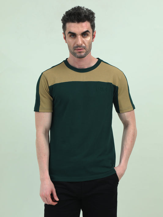 Green Pique Round-Neck T-Shirt – Bold Patchwork, Effortless Comfort - D&K LUXUR